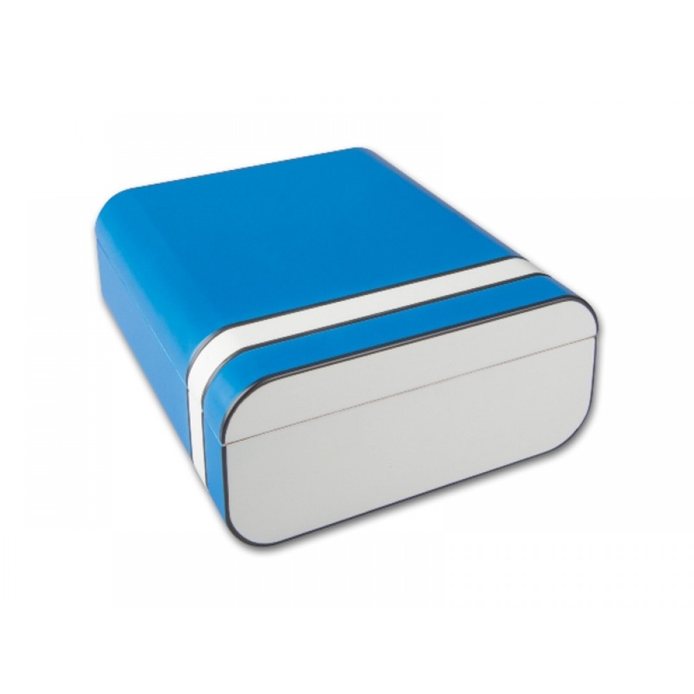 Humidor 40 szál szivar részére, cédrusfa szivar tároló doboz, párásítóval, külső hygrométerrel, kék/fehér, ovális - Passatore