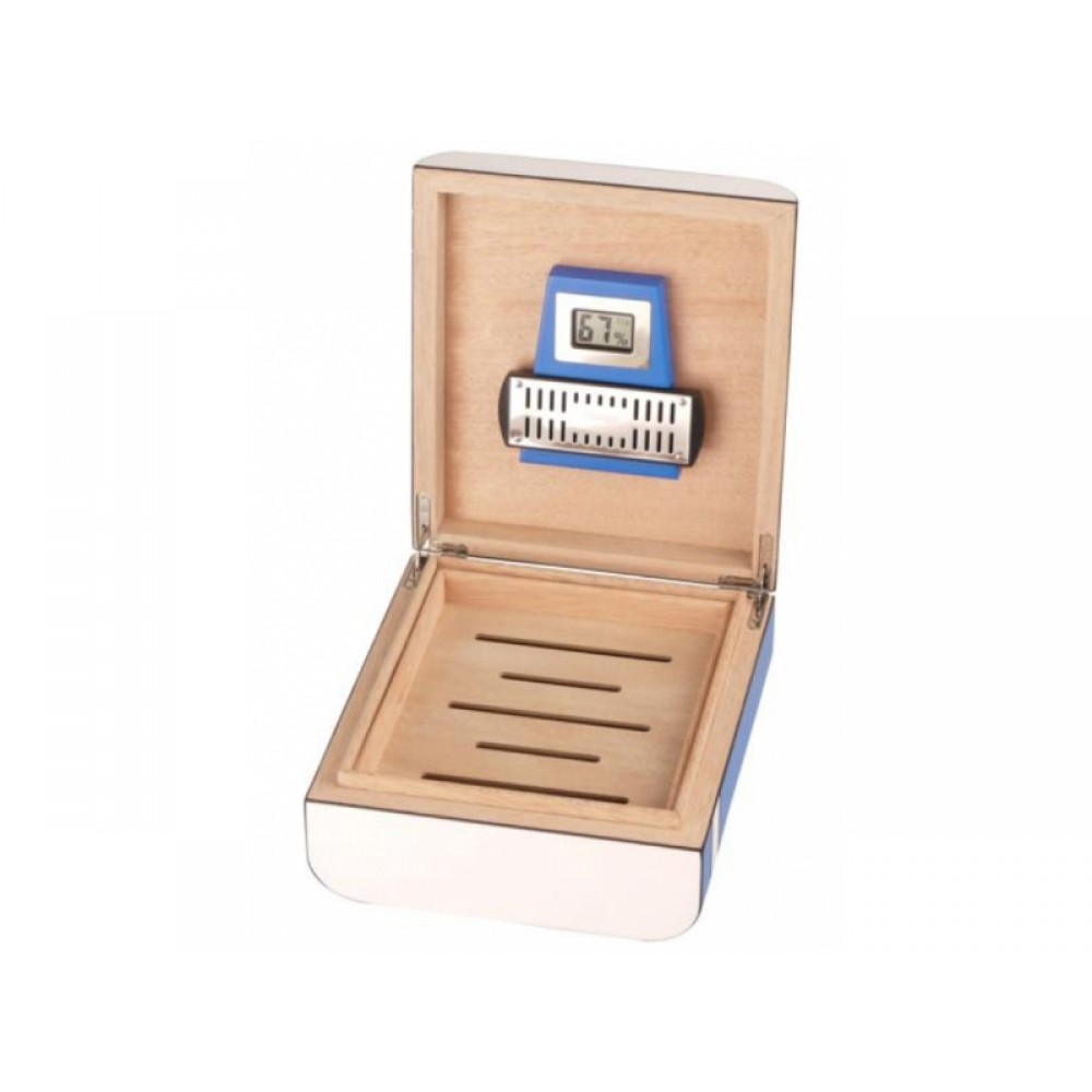 Humidor 40 szál szivar részére, cédrusfa szivar tároló doboz, párásítóval, külső hygrométerrel, kék/fehér, ovális - Passatore