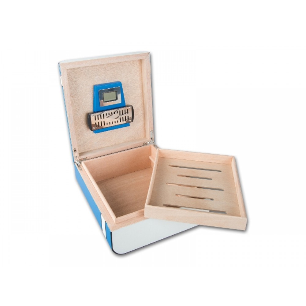 Humidor 40 szál szivar részére, cédrusfa szivar tároló doboz, párásítóval, külső hygrométerrel, kék/fehér, ovális - Passatore
