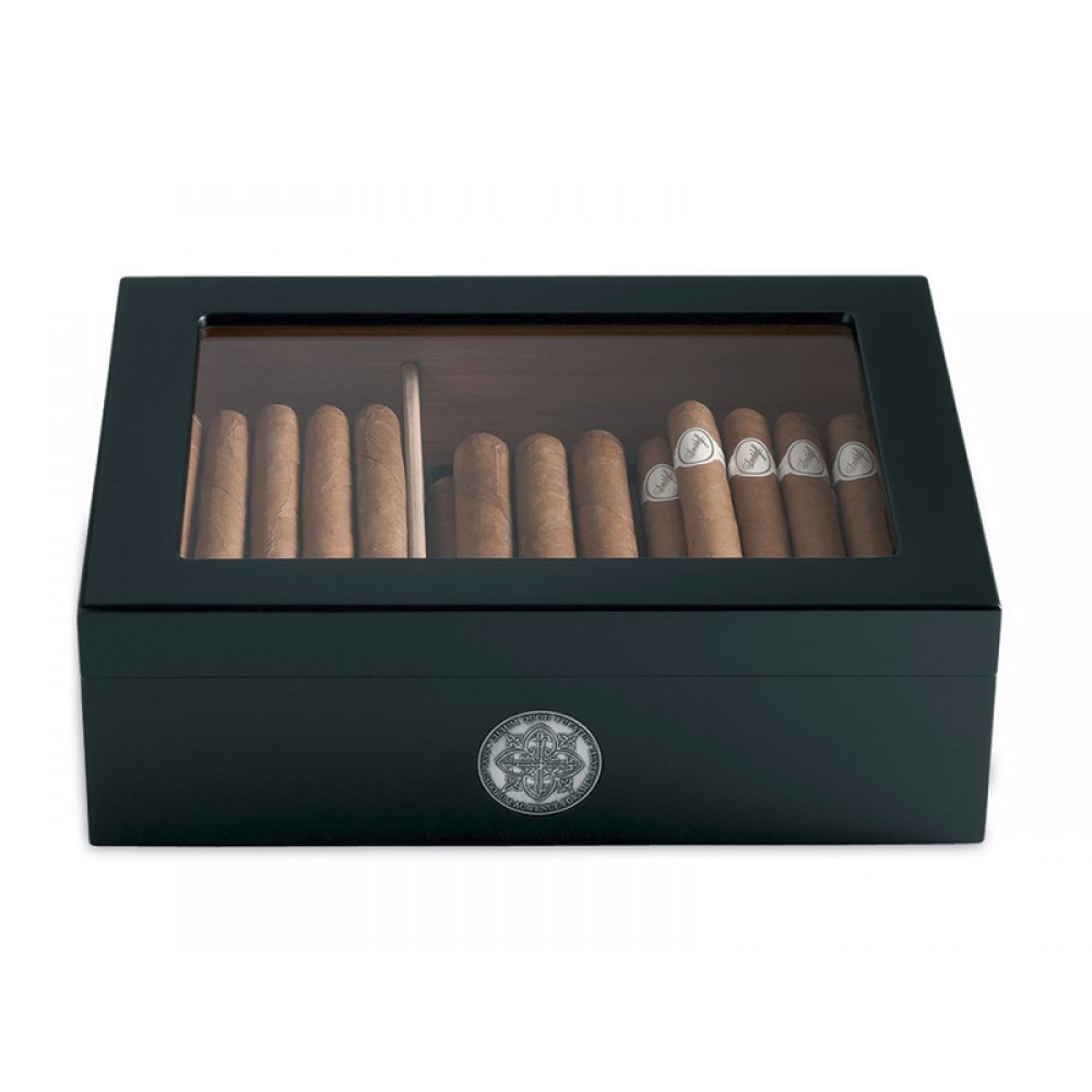 Humidor 40 szál szivar részére, cédrusfa szivardoboz üveg tetővel, párásítóval - fekete + AJÁNDÉK hygrométer