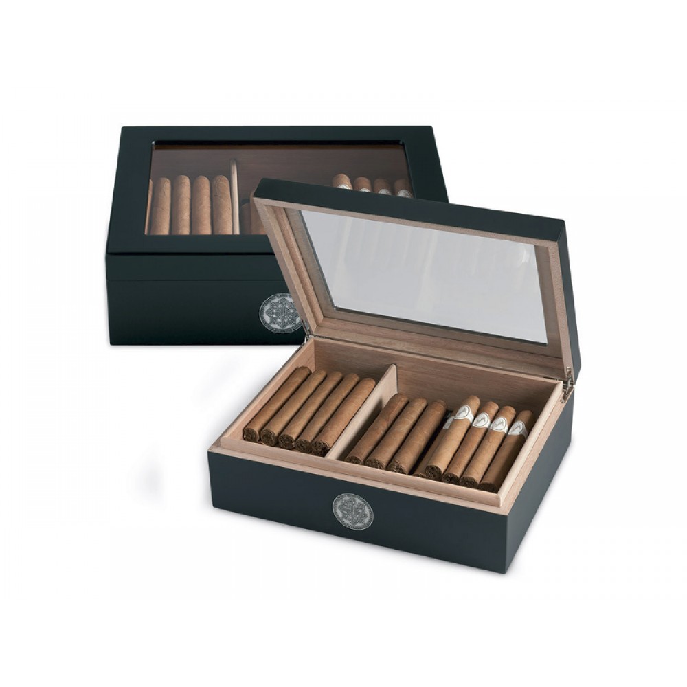 Humidor 40 szál szivar részére, cédrusfa szivardoboz üveg tetővel, párásítóval - fekete + AJÁNDÉK hygrométer