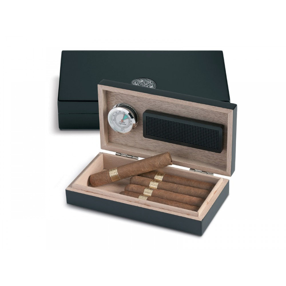 Utazó humidor - fekete cédrusfa szivardoboz, párásítóval és hygrométerrel