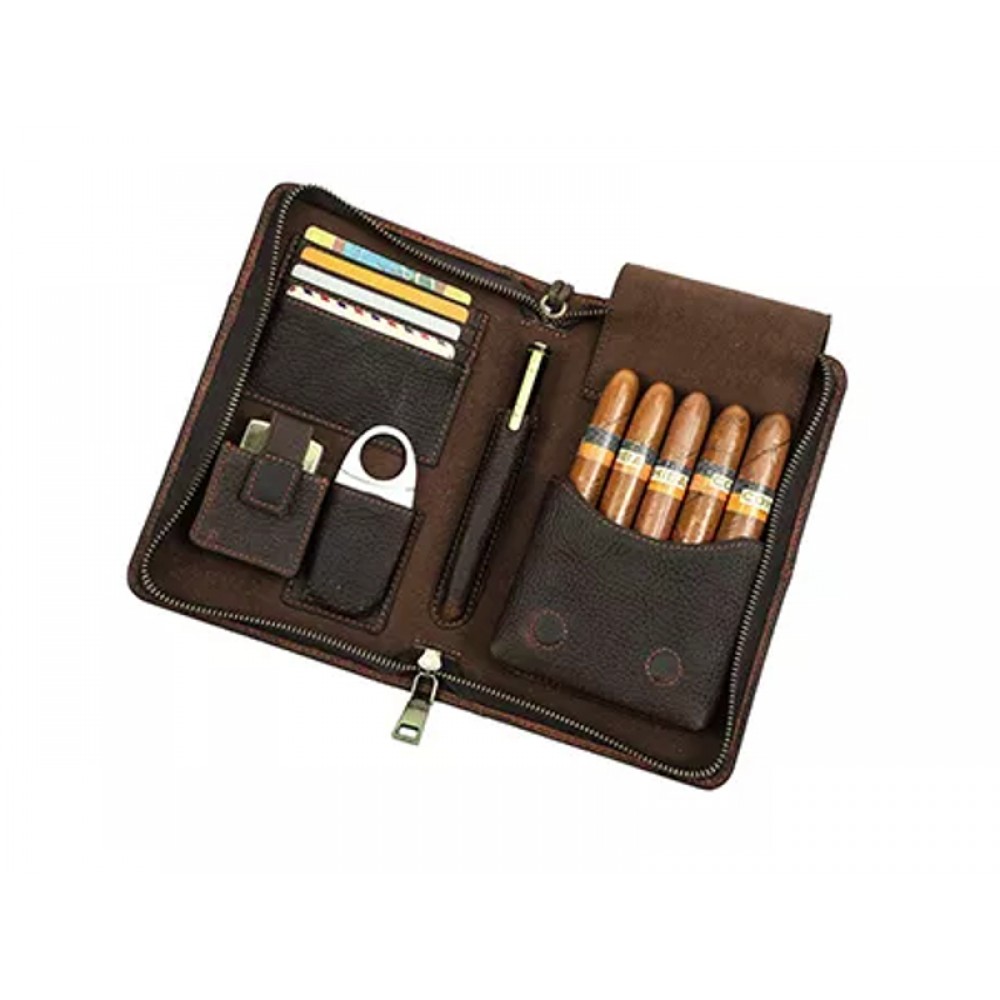 Szivartartó utazótáska 5 szivarnak - valódi bőrből, kávébarna