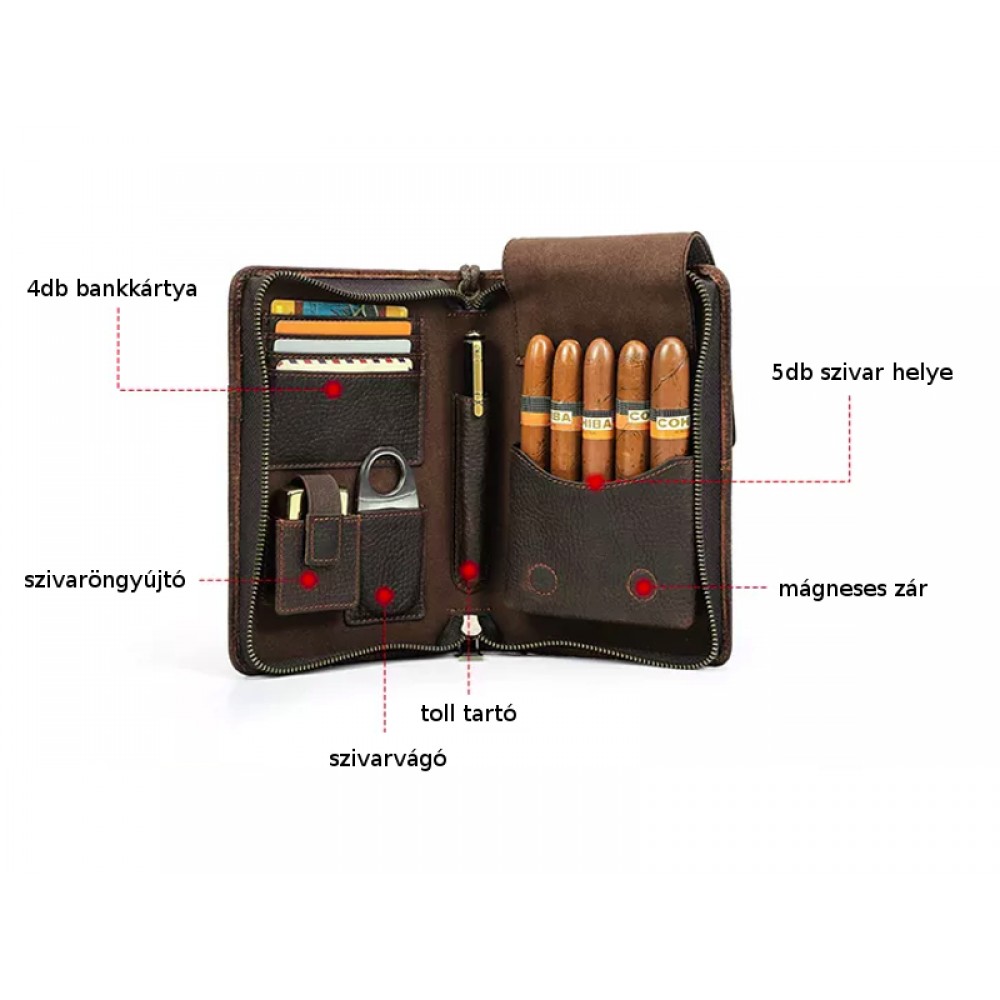 Szivartartó utazótáska 5 szivarnak - valódi bőrből, kávébarna